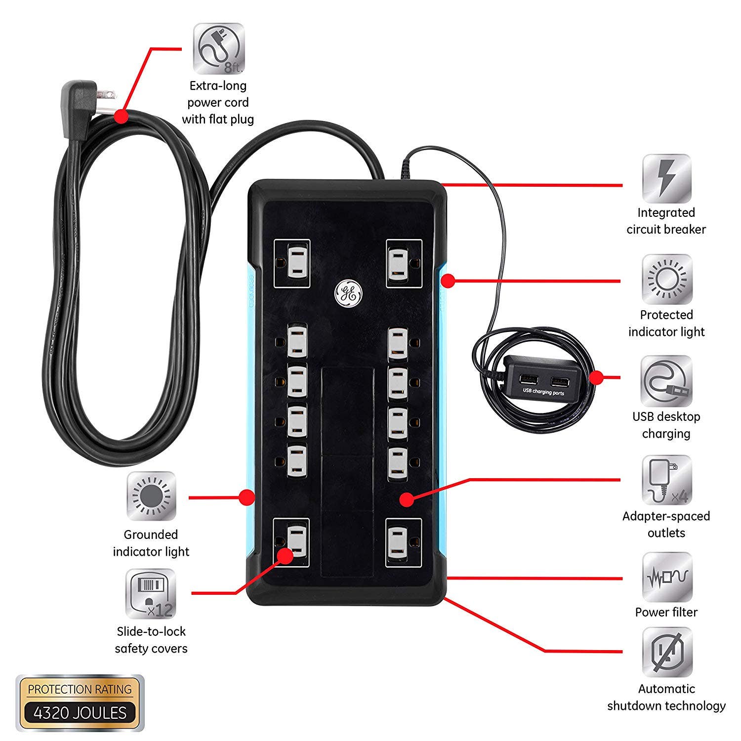 GE 12-Outlet 8ft. Surge Protector with 2-USB Tether, Black