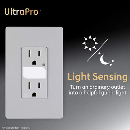 GE UltraPro Grounding Duplex Tamper Resistant Receptacle with Light Sensing Guide Light, White