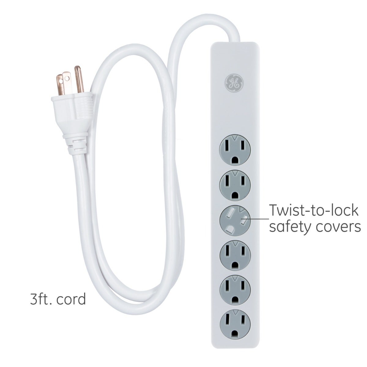 GE 6-Outlet 3ft. Surge Protector with Twist-to-Close Safety Covers, White
