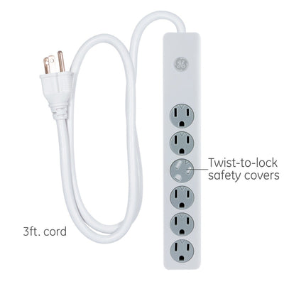 GE 6-Outlet 3ft. Surge Protector with Twist-to-Close Safety Covers, White