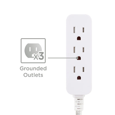Cordinate 3-Outlet 2ft. Braided Extension Cord with Flat Plug, White/Gray