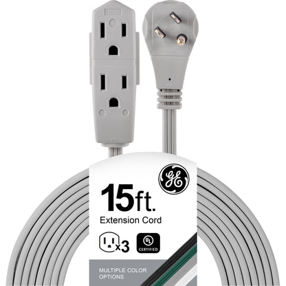GE 3-Outlet 15ft. Extension Cord with Right-Angle Plug, Gray