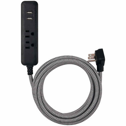 Cordinate 2-Outlet 2-USB Charging Braided Extension Cord with Surge Protection, 10ft., Black/White