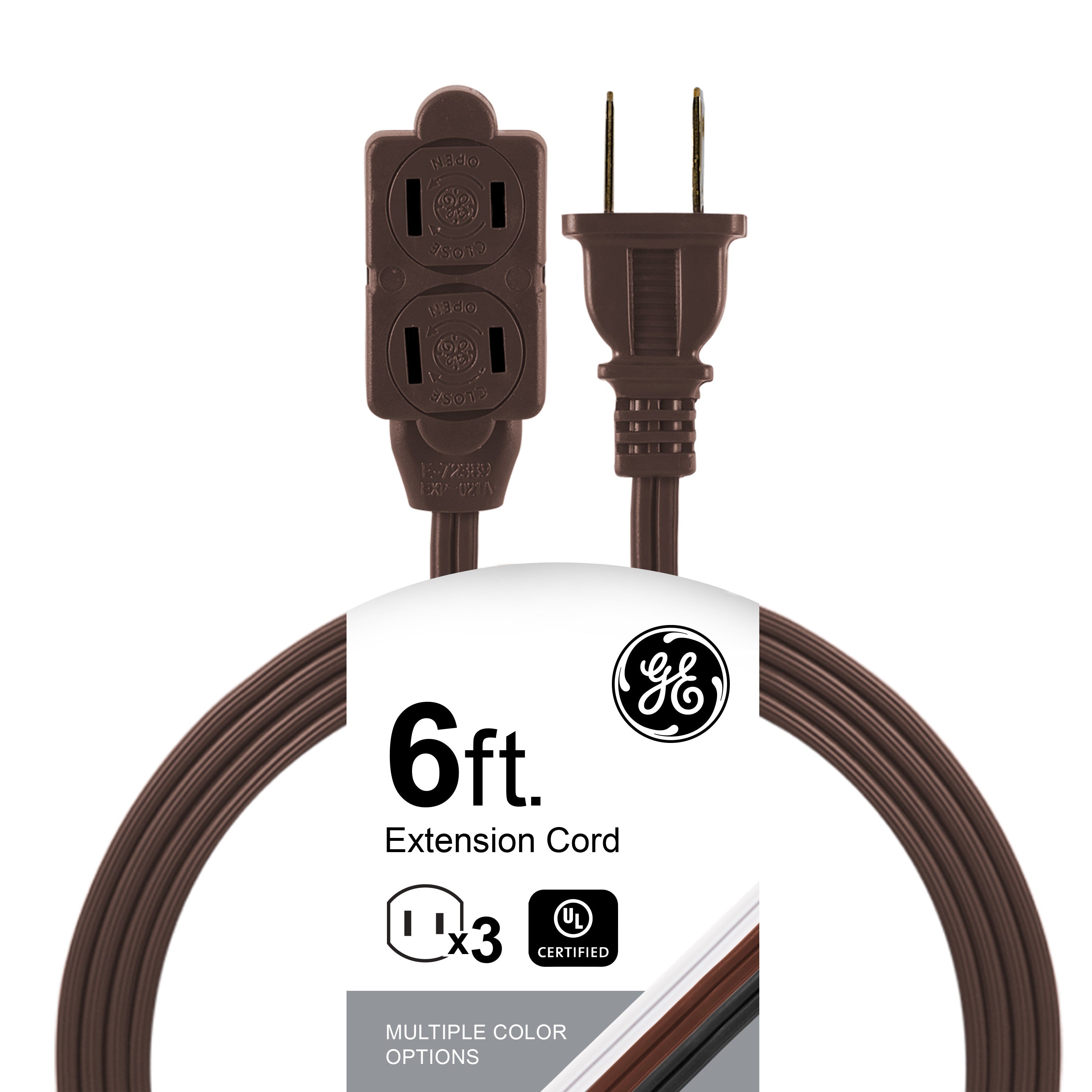 GE 3-Outlet 6ft. Extension Cord with Twist-to-Close Outlets, Brown