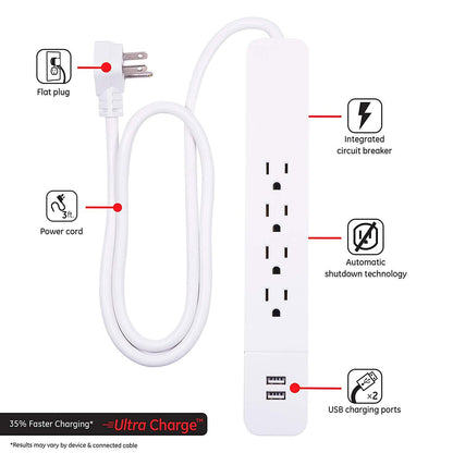 GE 4-Outlet 2-USB 3ft. Surge Protector, White