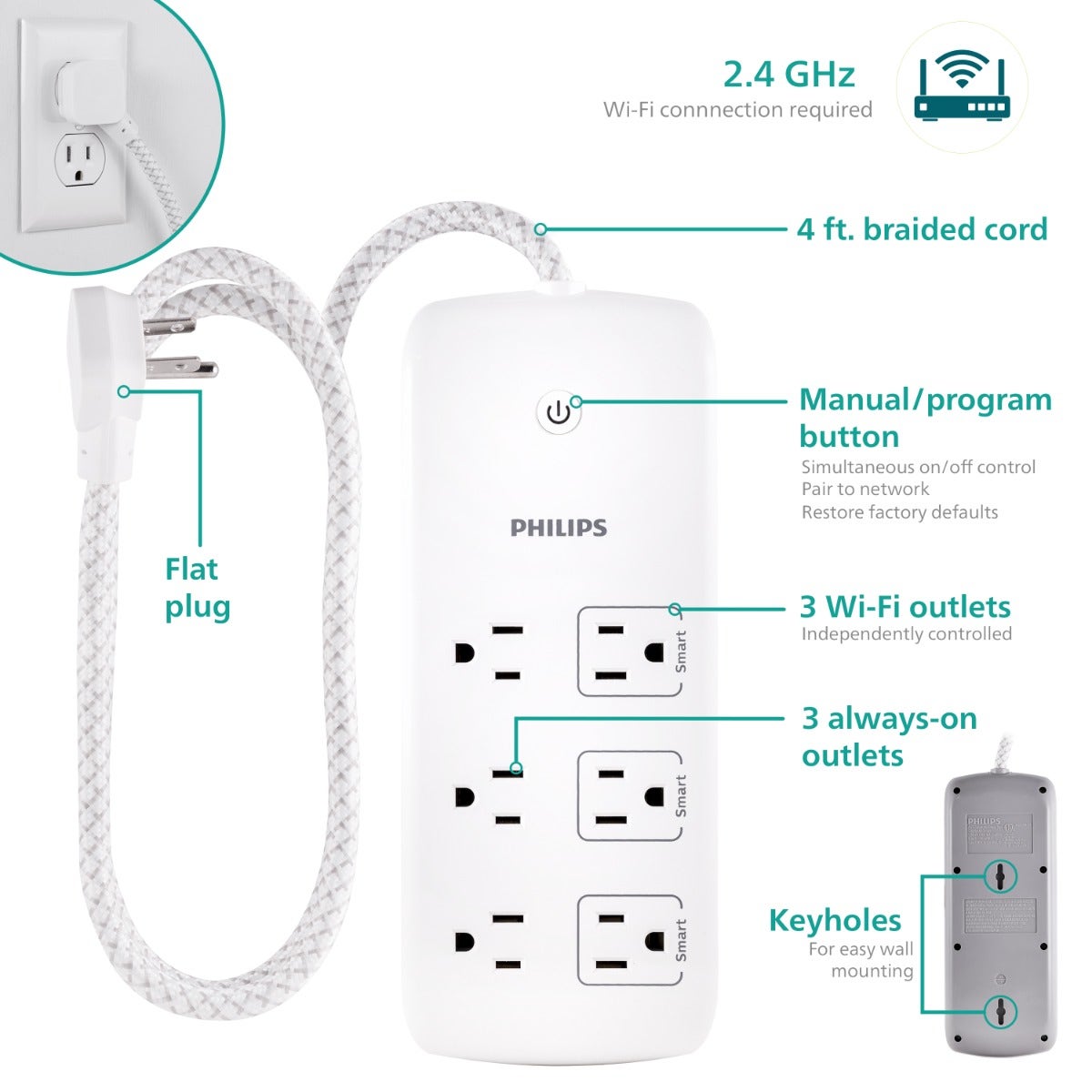 Philips 6-Outlet 4ft. WiFi Braided Extension Cord with Surge Protection, White
