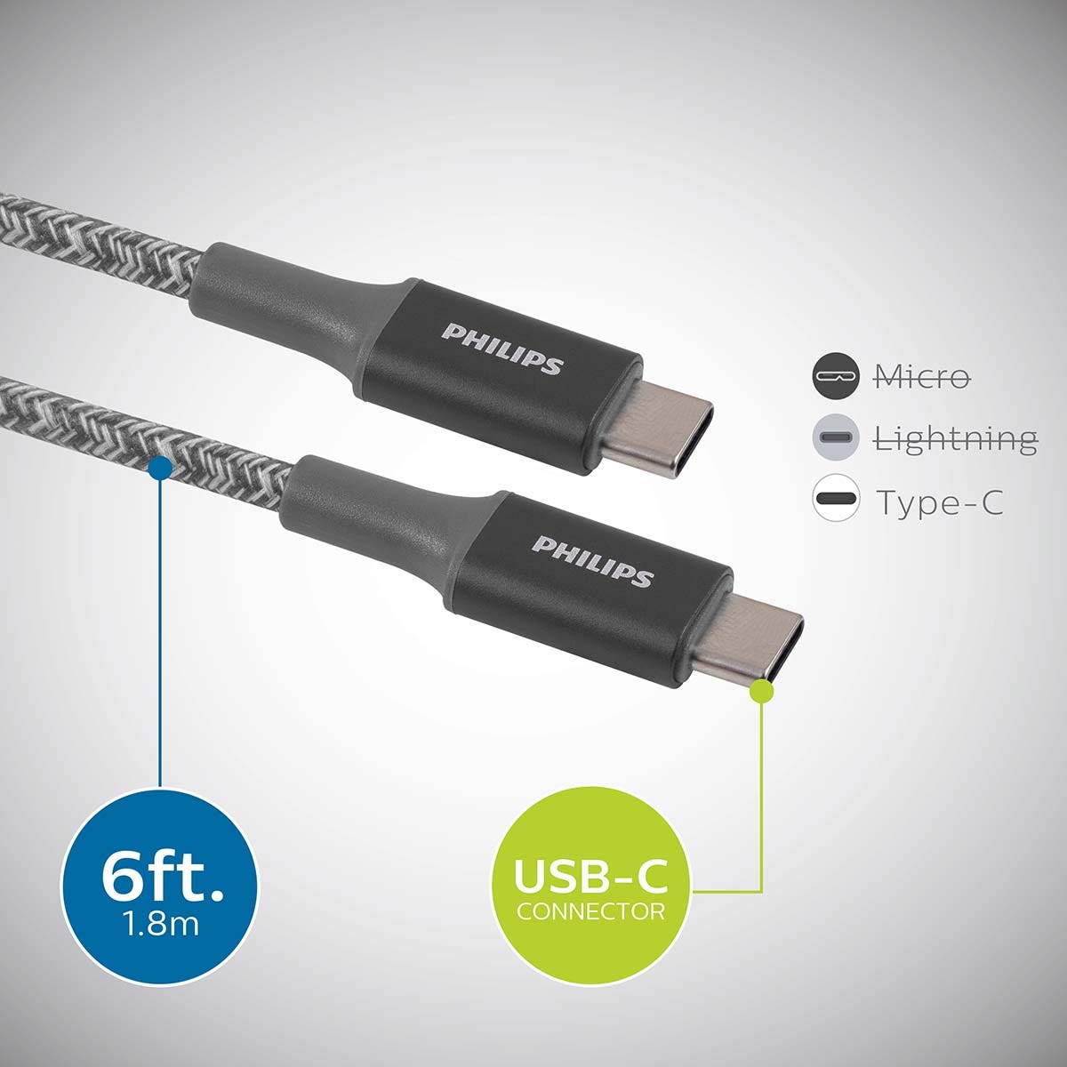 Philips 6ft. USB-C to USB-C Braided Charging Cable, Gray