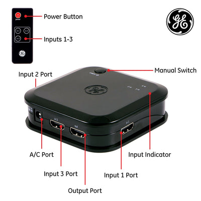 GE 3-Device HDMI Switch with Wireless Remote, Black