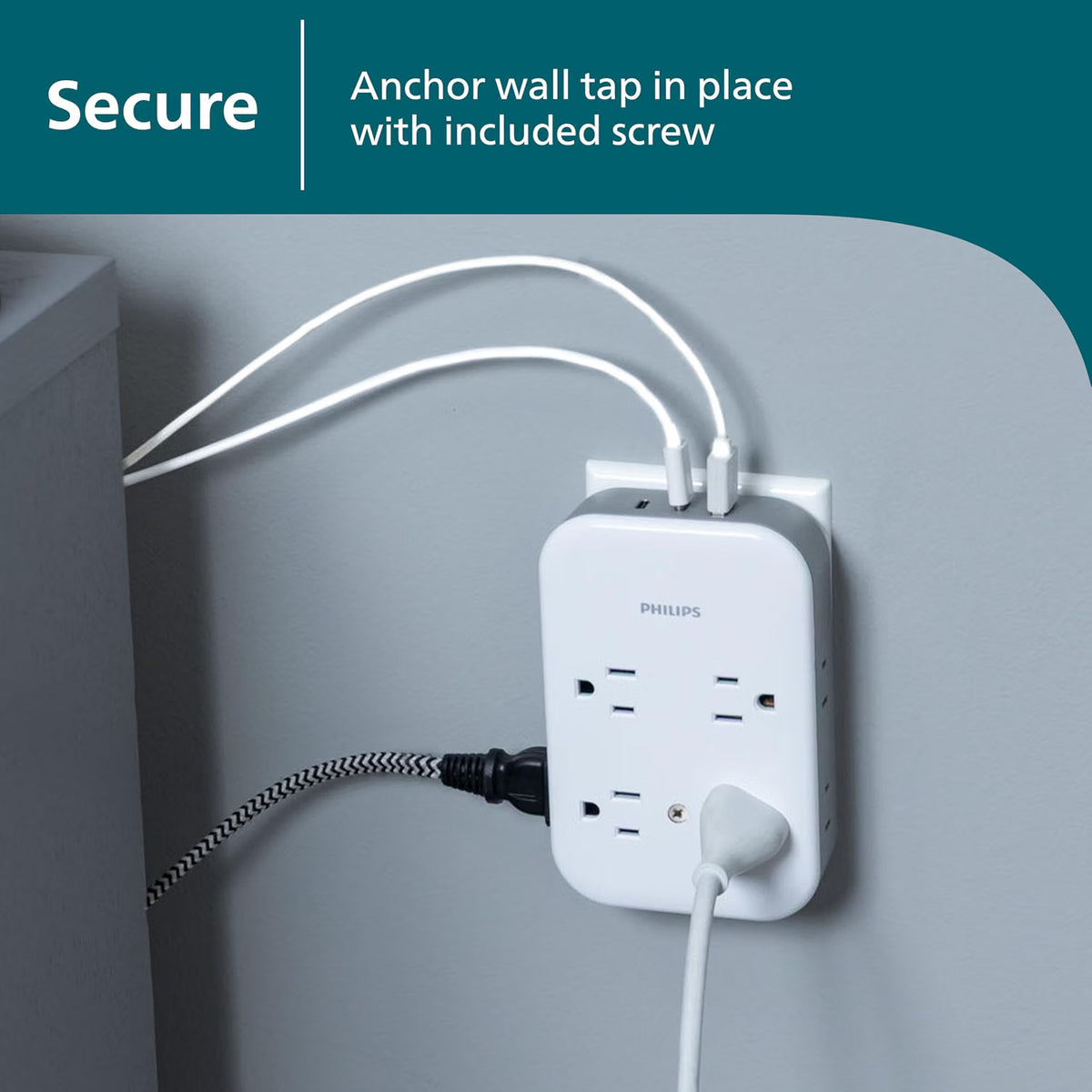 Philips All-in-One 4 Grounded plus 4 Polarized Outlet Surge Tap, 2-USB-C, 1-USB-A, 15W, 1140J, white/gray