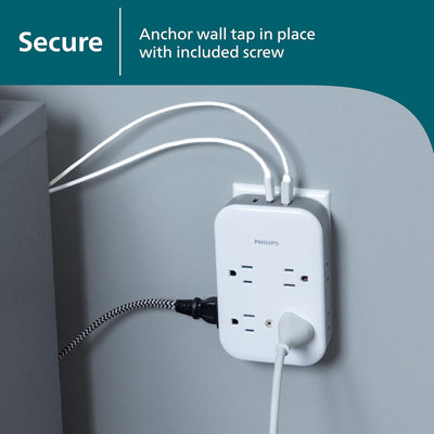 Philips All-in-One 4 Grounded plus 4 Polarized Outlet Surge Tap, 2-USB-C, 1-USB-A, 15W, 1140J, white/gray