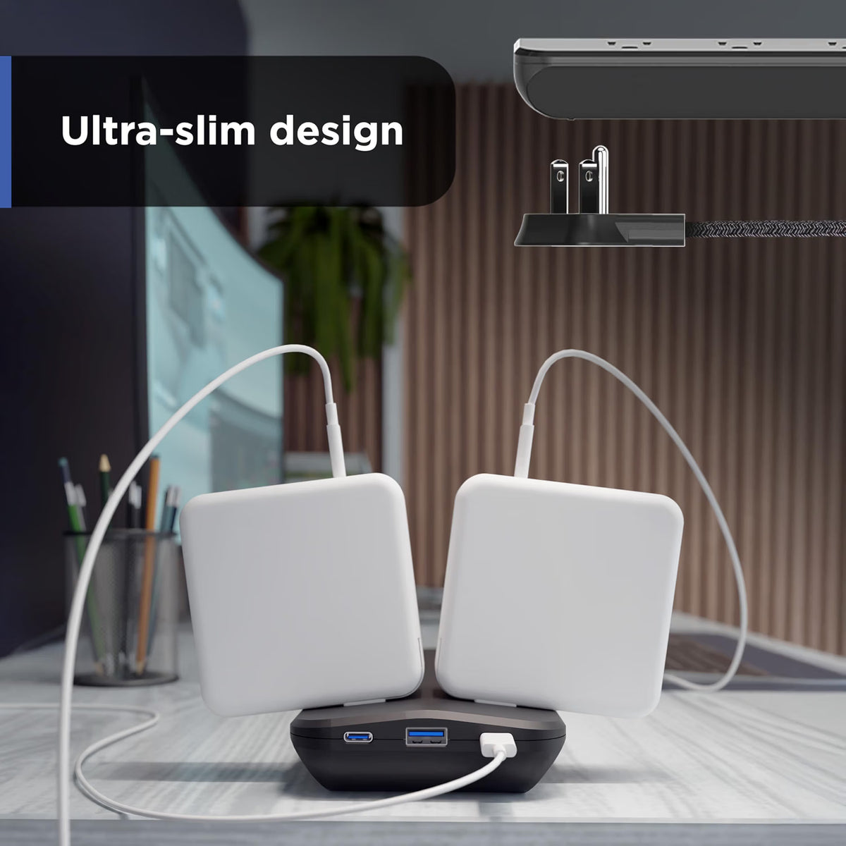 GE-branded 8-Outlet UltraSlim Surge Protector, 1 USB-A, 2 USB-C 15W, 1500J, 4ft. Braided Cord, Black
