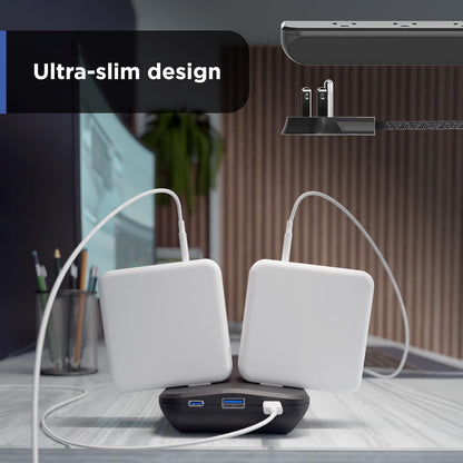 GE-branded 8-Outlet UltraSlim Surge Protector, 1 USB-A, 2 USB-C 15W, 1500J, 4ft. Braided Cord, Black