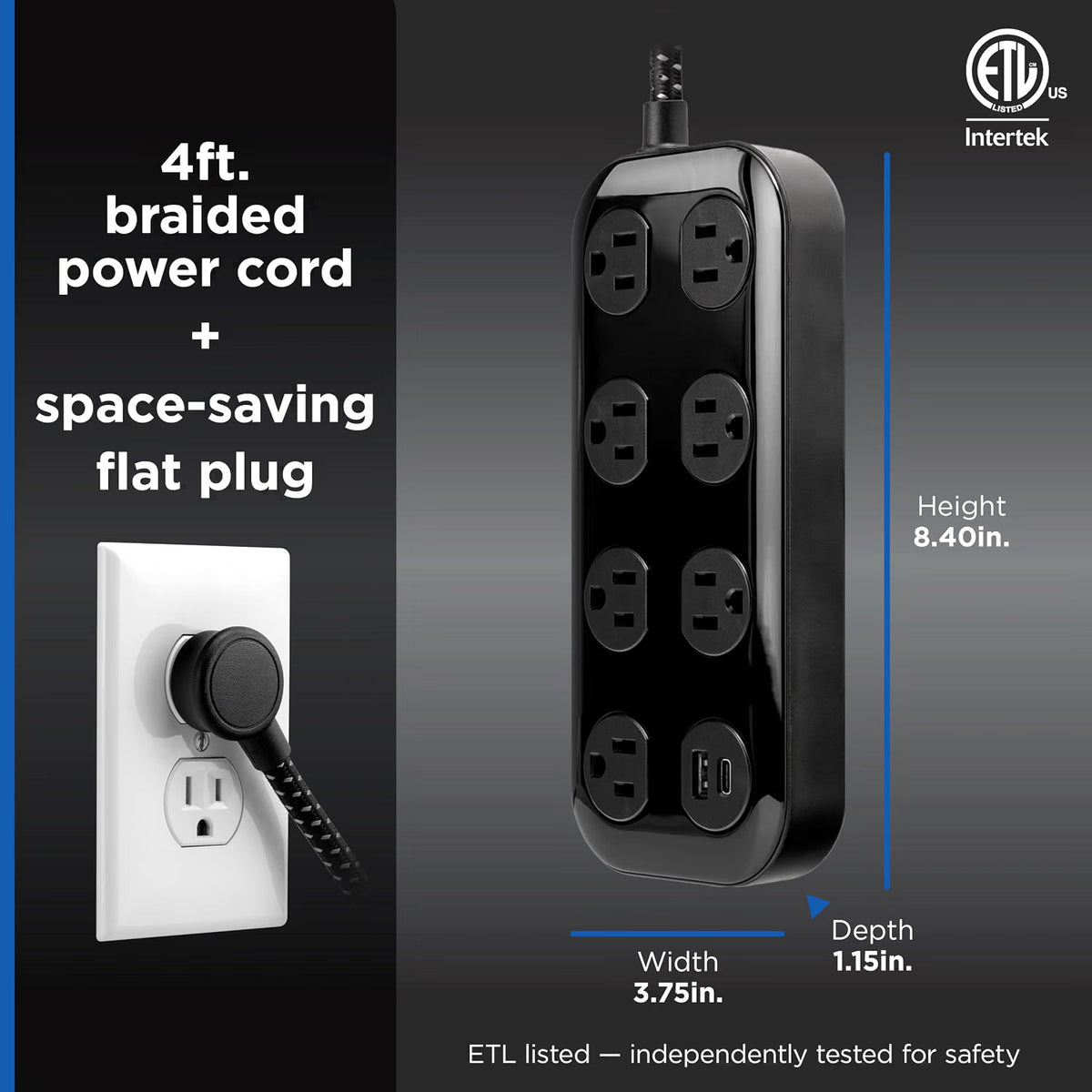 GE-branded 7-Outlet Surge Protector, 1 USB-A, 1 USB-C, 1470 Joules, 4ft., Black