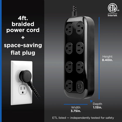 GE-branded 7-Outlet Surge Protector, 1 USB-A, 1 USB-C, 1470 Joules, 4ft., Black