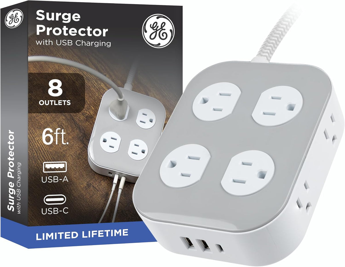 GE-branded Adapt UltraPro 8-Outlet Surge Protector, 2 USB-A, 1 USB-C, 1500 Joules, 6ft., White/Gray