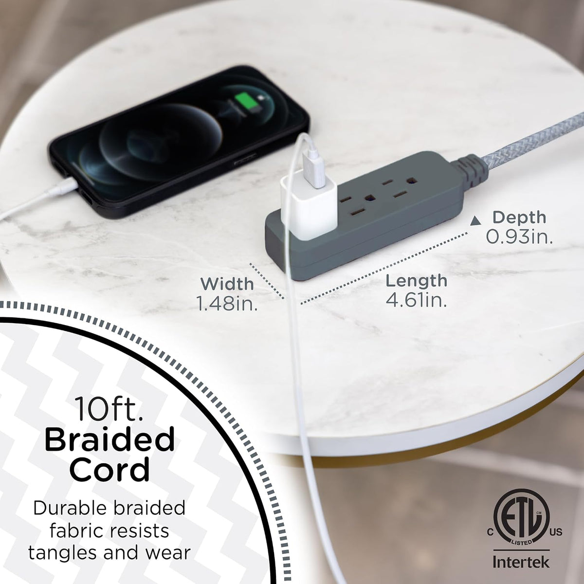 Cordinate 10ft. 3-Outlet Indoor Extension Cord, future gray