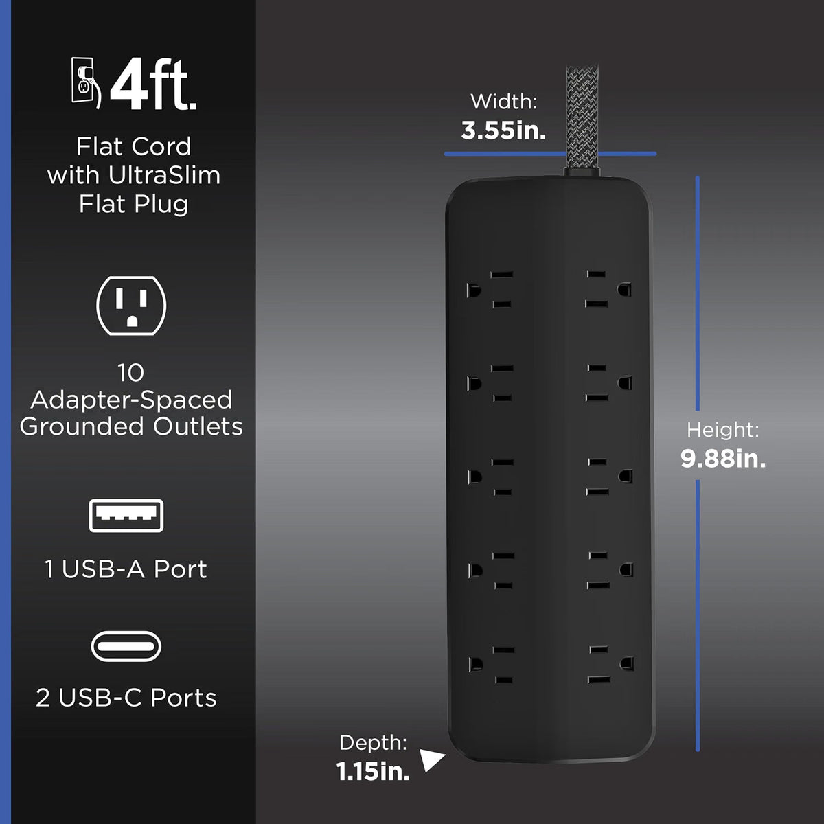 GE-branded 10OL Surge Protector, 1 USB-A, 2 USB-C, 20W Power Delivery Shared, 1000J, 4ft. Braided Cord, Black