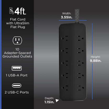 GE-branded 10OL Surge Protector, 1 USB-A, 2 USB-C, 20W Power Delivery Shared, 1000J, 4ft. Braided Cord, Black