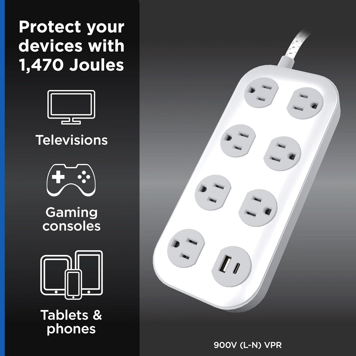 GE-branded 7-Outlet Surge Protector, 1 USB-A, 1 USB-C, 1470 Joules, 4ft., White