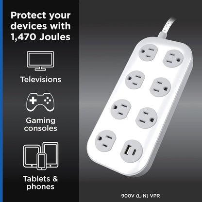 GE-branded 7-Outlet Surge Protector, 1 USB-A, 1 USB-C, 1470 Joules, 4ft., White