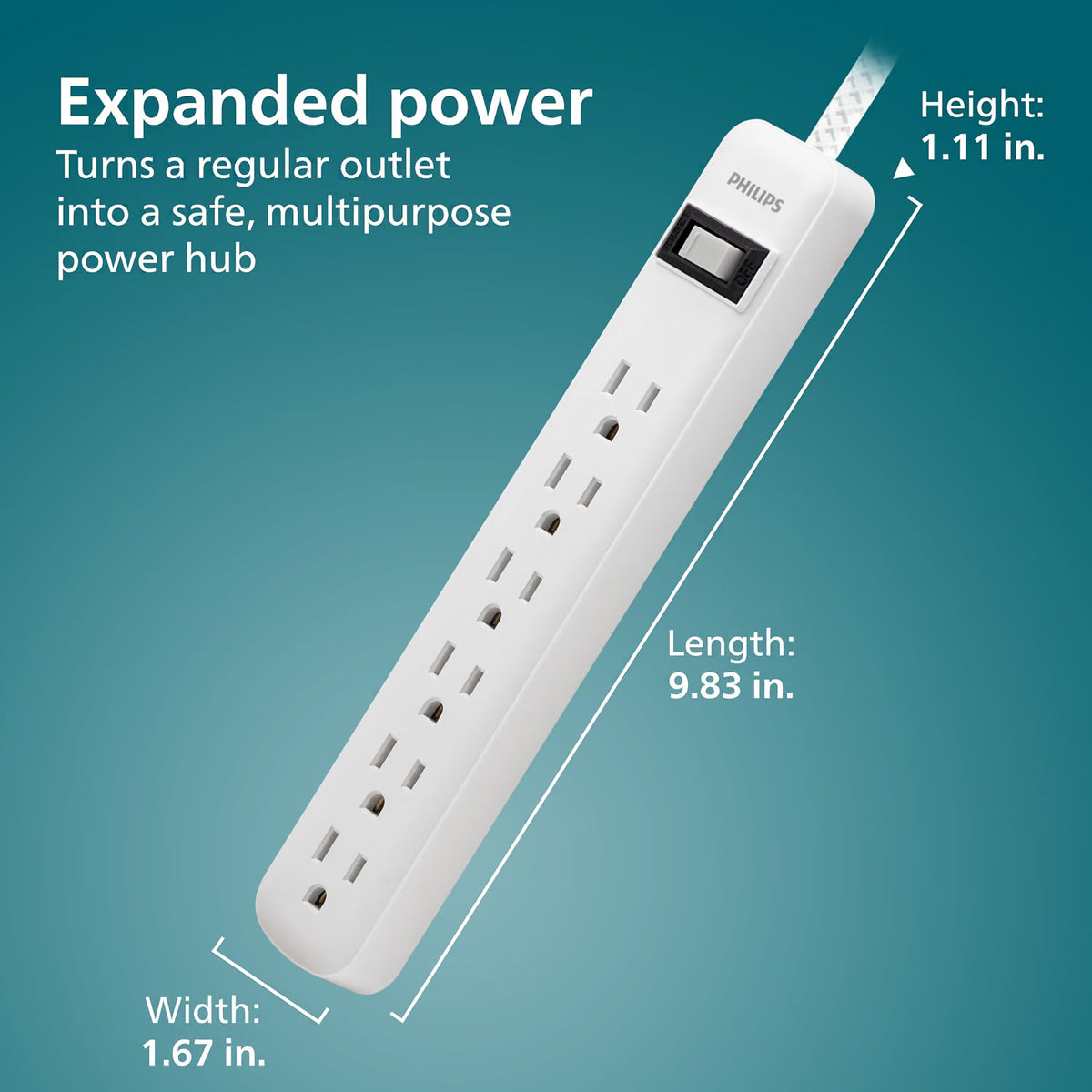 Philips 6-Outlet Surge Protector, 735 J, 3 ft. Braided Cord, White