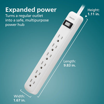Philips 6-Outlet Surge Protector, 735 J, 3 ft. Braided Cord, White