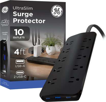 GE-branded 10OL Surge Protector, 1 USB-A, 2 USB-C, 20W Power Delivery Shared, 1000J, 4ft. Braided Cord, Black