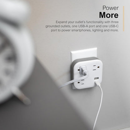 GE-branded UltraPro 3-Outlet Surge Tap with USB, 980J, 1 USB-A, 1 USB-C, White