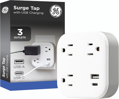 GE-branded UltraPro 3-Outlet Surge Tap with USB, 980J, 1 USB-A, 1 USB-C, White