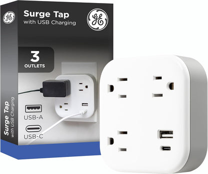 GE-branded UltraPro 3-Outlet Surge Tap with USB, 980J, 1 USB-A, 1 USB-C, White