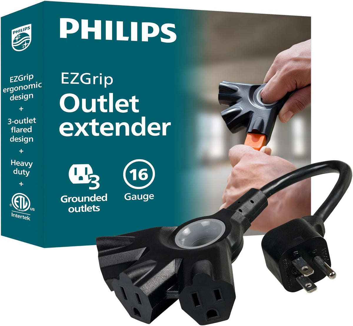 Philips 3-Outlet EZGrip Grounded Outlet Extender, Black