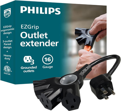 Philips 3-Outlet EZGrip Grounded Outlet Extender, Black