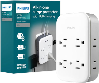 Philips All-in-One 4 Grounded plus 4 Polarized Outlet Surge Tap, 2-USB-C, 1-USB-A, 15W, 1140J, white/gray