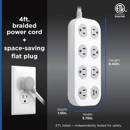 GE-branded 7-Outlet Surge Protector, 1 USB-A, 1 USB-C, 1470 Joules, 4ft., White