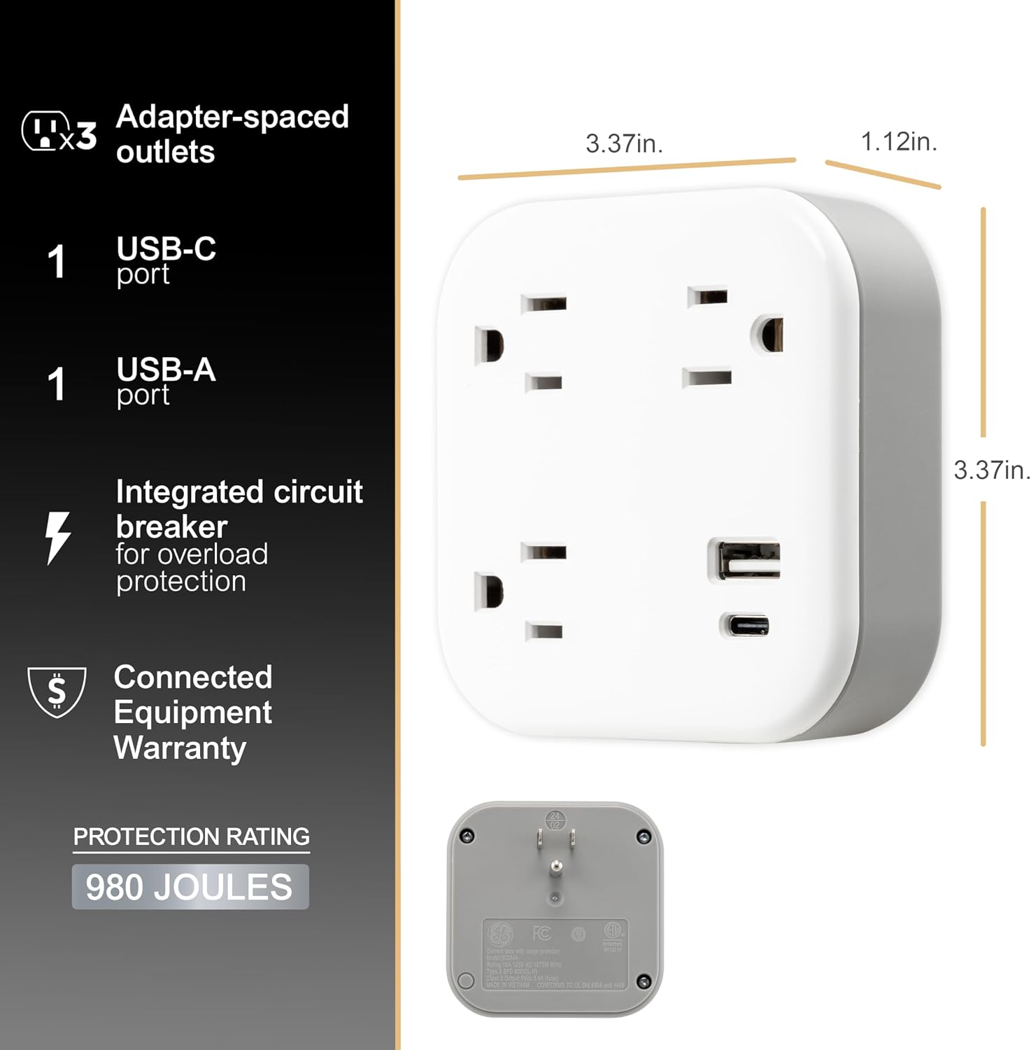 GE-branded UltraPro 3-Outlet Surge Tap with USB, 980J, 1 USB-A, 1 USB-C, White