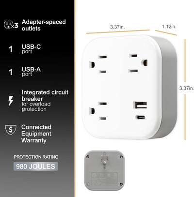 GE-branded UltraPro 3-Outlet Surge Tap with USB, 980J, 1 USB-A, 1 USB-C, White