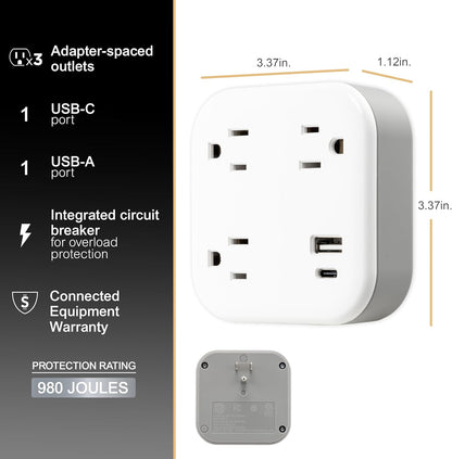 GE-branded UltraPro 3-Outlet Surge Tap with USB, 980J, 1 USB-A, 1 USB-C, White