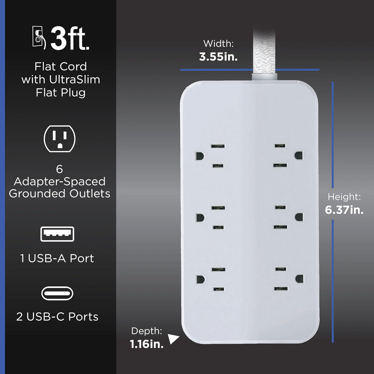 GE-branded 6OL Surge Protector, 1 USB-A, 2 USB-C, 500J, 3ft. Braided Cord, White