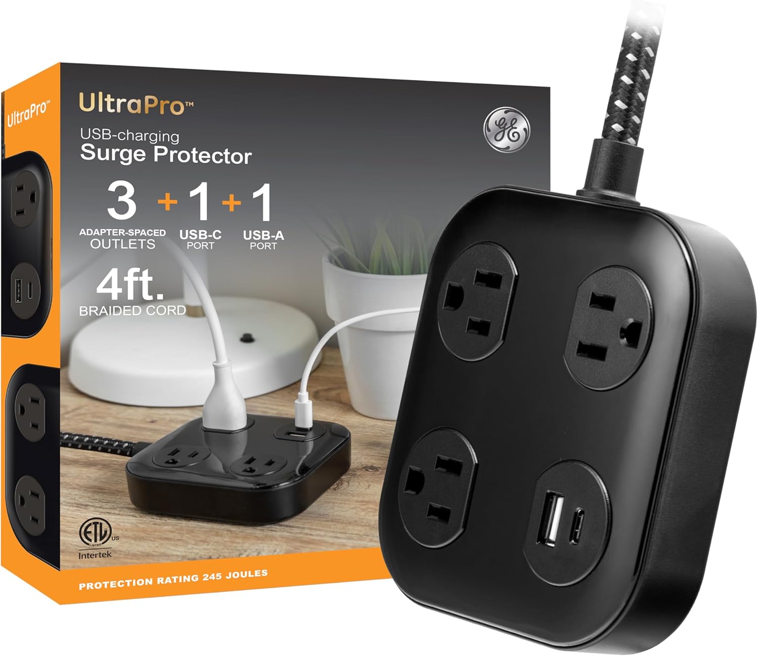 GE-branded UltraPro 3-Outlet Surge Protector with USB, 245J, 1 USB-A, 1 USB-C, Black