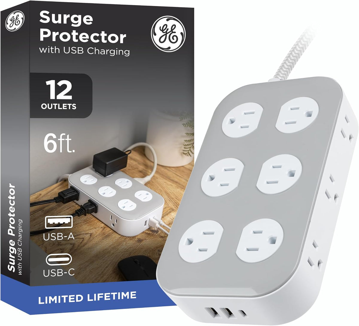 GE-branded Adapt UltraPro 12-Outlet Surge Protector, 2 USB-A, 1 USB-C, 2100 Joules, 6ft., White/Gray
