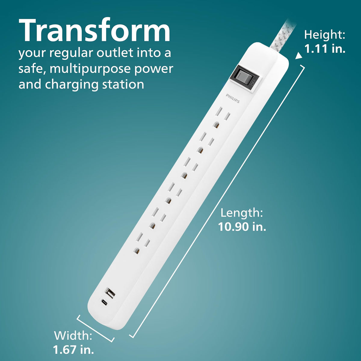Philips Surge Protector, 6OL, 1 USB-A, 1 USB-C, 12W, 945J, 3ft., White
