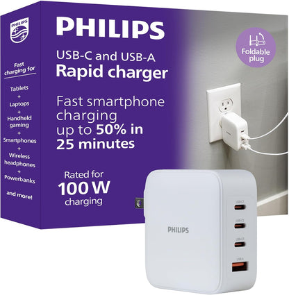 Philips AC Charger, 1 USB-A, 3 USB-C Port, GaN, 100W, White
