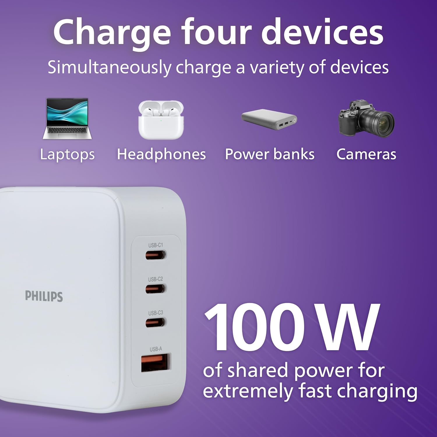 Philips AC Charger, 1 USB-A, 3 USB-C Port, GaN, 100W, White