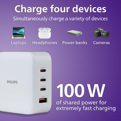 Philips AC Charger, 1 USB-A, 3 USB-C Port, GaN, 100W, White