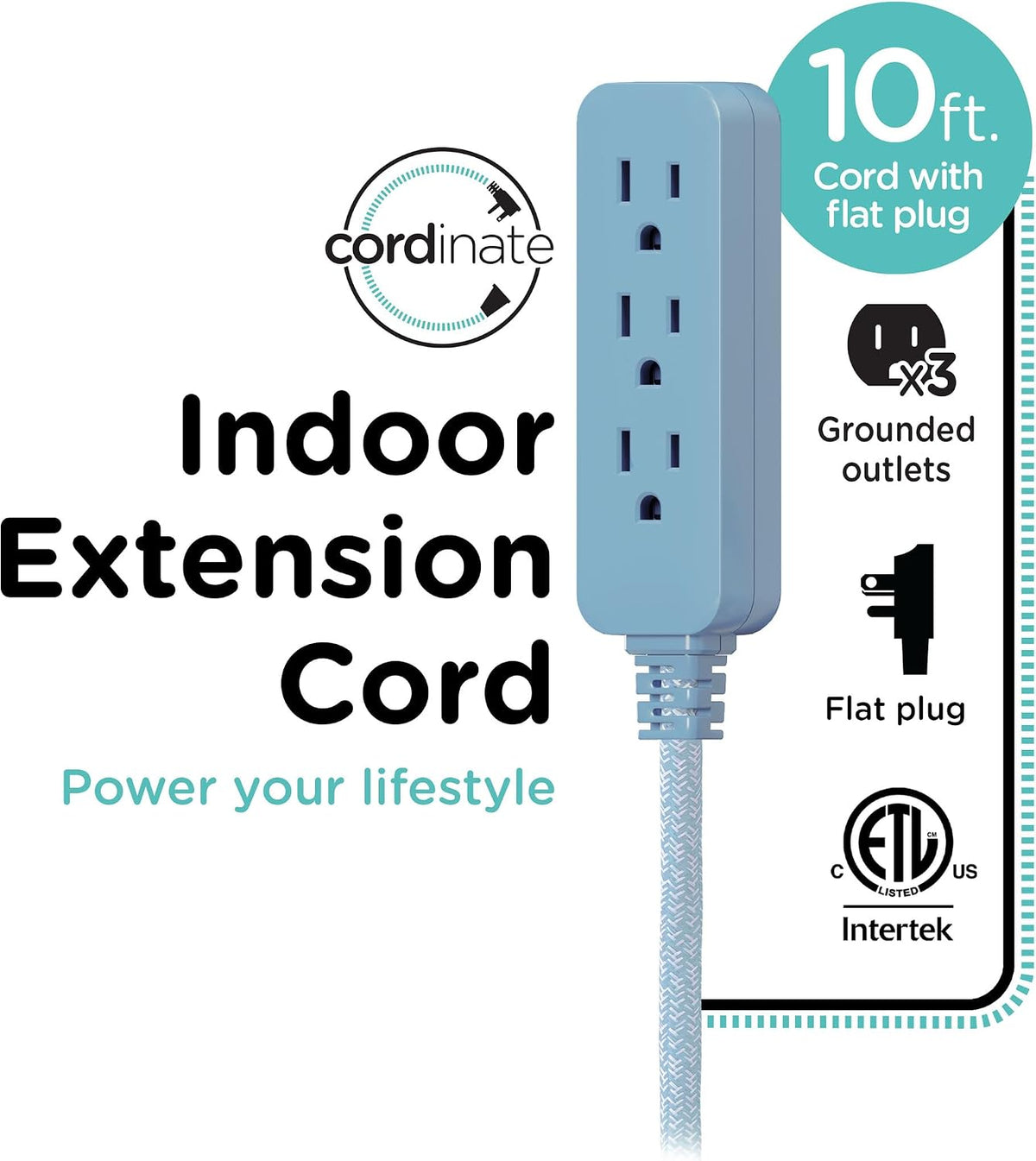 Cordinate 10ft. 3-Outlet Indoor Extension Cord, borrowed blue