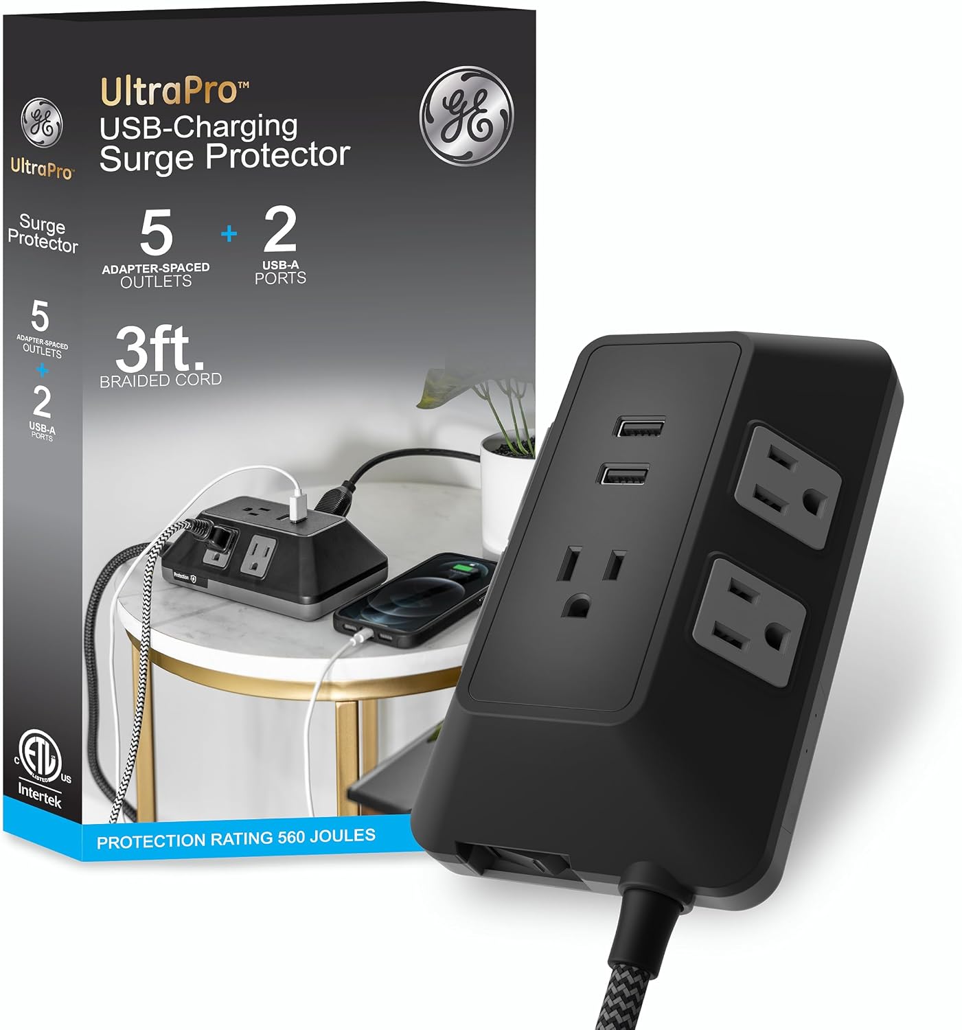 GE UltraPro ADAPT 5-Outlet Surge Protector with USB, 560J, 2 USB-A Ports, 2.4A, 3ft. Braided Cord, Black