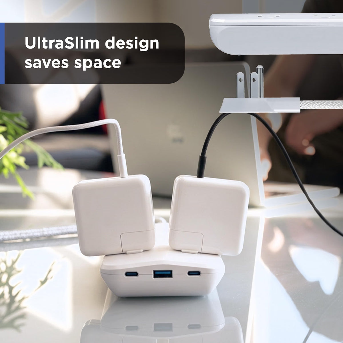 GE-branded 6OL Surge Protector, 1 USB-A, 2 USB-C, 500J, 3ft. Braided Cord, White