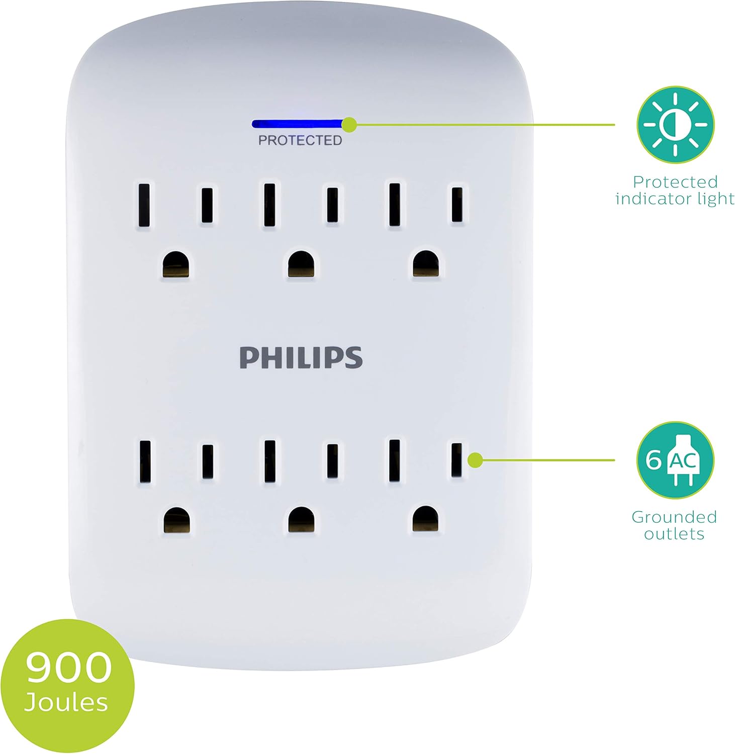 Philips 6-Outlet Surge Protector Wall Tap, White, 4pk