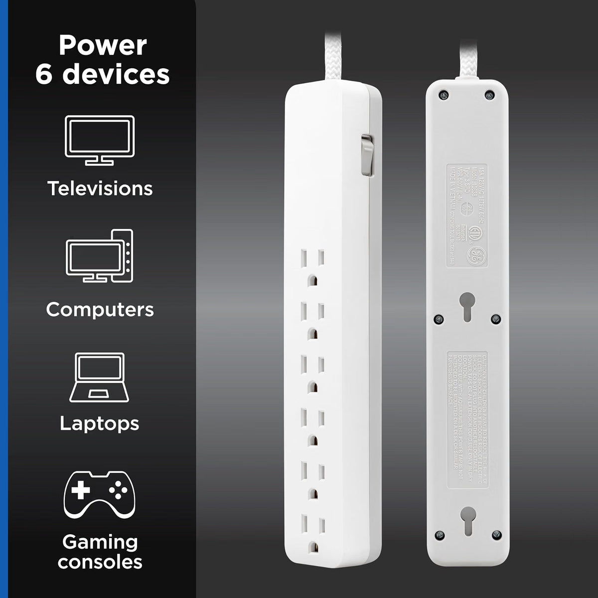 GE Pro 6-Outlet Surge Protector Extension Cord, 2ft., 620 Joules, White