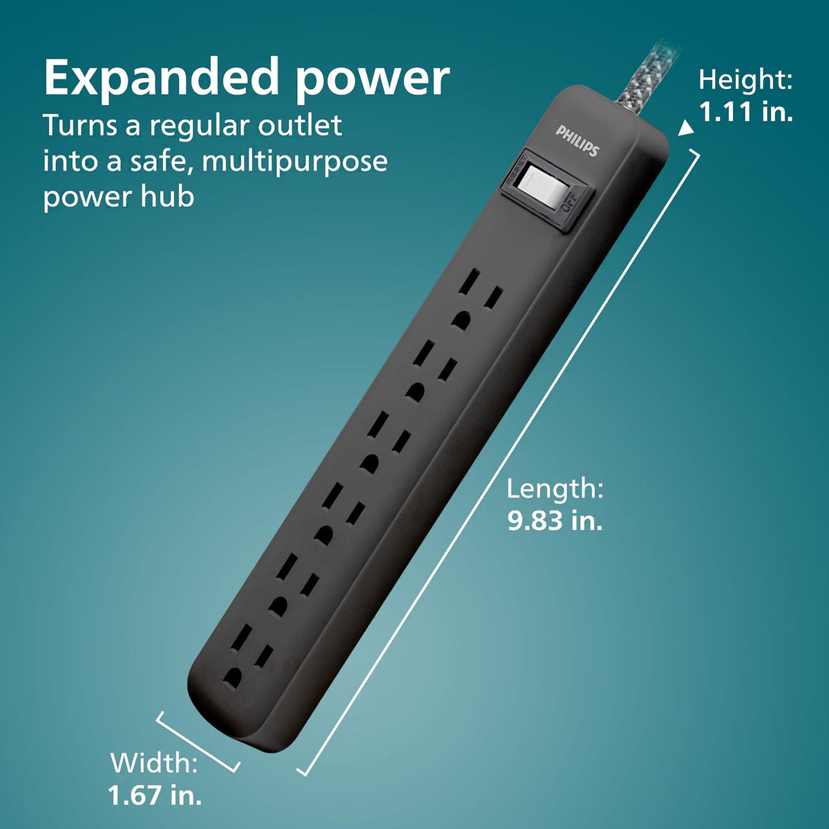 Philips 6-Outlet Surge Protector, 735 J, 3 ft. Braided Cord, Black